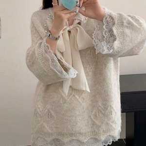 Ensemble 2 pièces en tricot avec nœud perlé pour femme - Pull oversize à bordure en dentelle et jupe longue assortie - Product Image 5