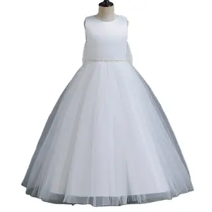 ソリッドビーズノースリーブ女の子の誕生日ドレス夏の弓女の子の子供のためのエレガントなドレス工場価格