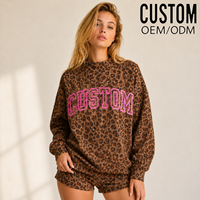 Ensemble décontracté en molleton de coton imprimé léopard pour femme avec poche kangourou et short assorti, sweat à capuche oversize