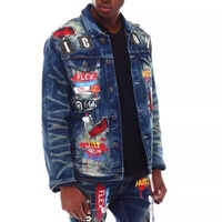 Veste en jean décontractée pour homme, de haute qualité, imprimée et enduite, avec col montant et fermeture éclair, vente en gros
