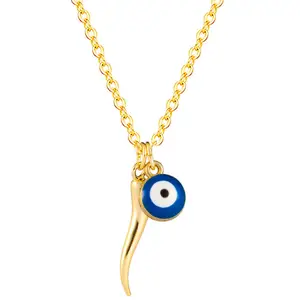 NUORO Dainty Gold Chilli Eye Necklace Simple 14K Gold Plated Cow Horn Blue Round Evil Eye Pendant Necklaces for Women