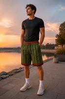 Shorts de sport respirants en maille vert olive à rayures verticales avec poches latérales zippées, style streetwear, vente en gros