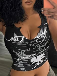 C0678 Canotta Estiva da <span class=keywords><strong>Donna</strong></span> in Cotone Lavorato a Maglia con Stampa di Lettere, Senza Maniche, Casual - Product Image 4