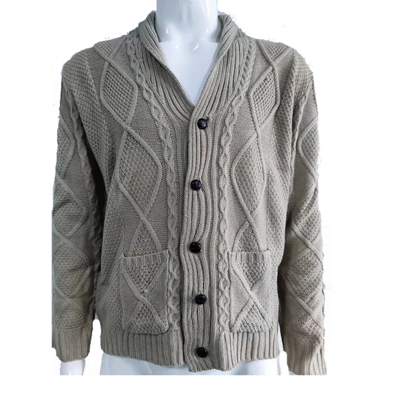 Men's Lapel Cardigan Sweaters Cable Knitted Coat with Button Pockets Plus Size Casual Pure Color Sweater