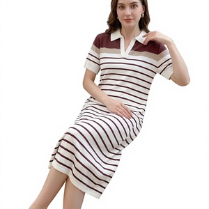 Women's Striped Polo Collar Midi Dress Short Sleeve Casual Summer Knit Sheath Style Breathable Thin Polyester Cotton Digital - Product Image 1