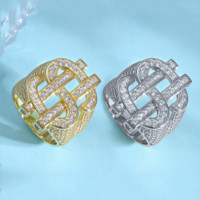 Nouvelle bague en cuivre plaqué or avec zircon, style hip-hop, signe dollar, tendance pour hommes et femmes, disponible en gros