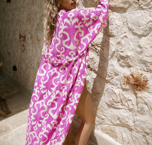 Nouveau Bikini Cover-up Traf coton doux dame Boho imprimer auto ceinturé avant <span class=keywords><strong>ouvert</strong></span> longue Kimono <span class=keywords><strong>robe</strong></span> plage tunique femmes robes portefeuille - Product Image 3