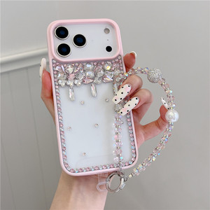 Coque de téléphone transparente élégante pour filles avec chaîne de perles et dos en cristal clair pour iPhone 13 14 15 16 17 Pro Max - Product Image 5