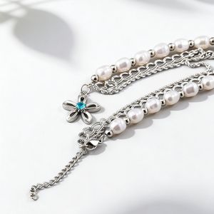 yunnique <b>Sweet</b> Fresh Stainless Steel Spliced Chain Imitation Pearl <b>Flower</b> Pendant Necklace For Leisure Gift - Product Image 2