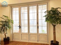 Porte pliante en verre trempé à grille arquée en alliage d'aluminium, coupe-vent, avec panneau inférieur moulé noir, pour extérieur