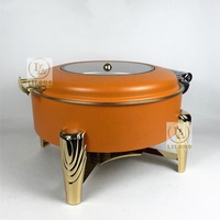 Plat à chafing rond en acier inoxydable de 6 L, finition peinture orange et pieds plaqués or, chauffe-plats de buffet avec couvercle en verre visible pour banquets d'hôtel