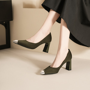 Escarpins en daim marron à bout pointu, talon bloc, talon haut, chaussures de bureau avec décoration en strass, mode féminine - Product Image 4