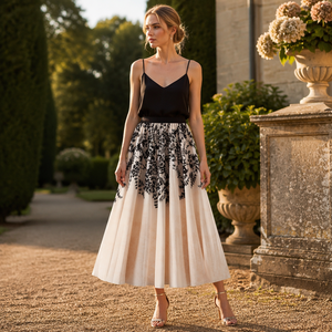 Jupe plissée mi-mollet pour <span class=keywords><strong>femme</strong></span>, en mousseline de soie, imprimé floral floqué, coupe trapèze, 100 g/m², tissée, taille unique, personnalisable, prête à expédier (RTS) - Product Image 4