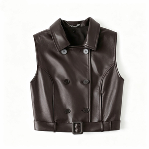 <span class=keywords><strong>Gilet</strong></span> slim en cuir de mouton tanné végétal avec ceinture et revers pour femme, collection Printemps 2026, modèle HN6146-1 - Product Image 4