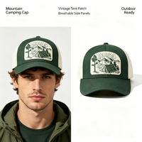 Casquette de soleil à 6 panneaux vintage avec broderie de patch de tente, bicolore, pour homme, pour le camping en montagne, la randonnée et l'aventure en extérieur
