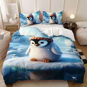 Ensemble de housse de <span class=keywords><strong>couette</strong></span> moderne en forme de <span class=keywords><strong>pingouin</strong></span> de dessin animé imprimé en 3D, 100% polyester, écologique, personnalisable, ensemble de literie pour la maison en trois pièces - Product Image 4