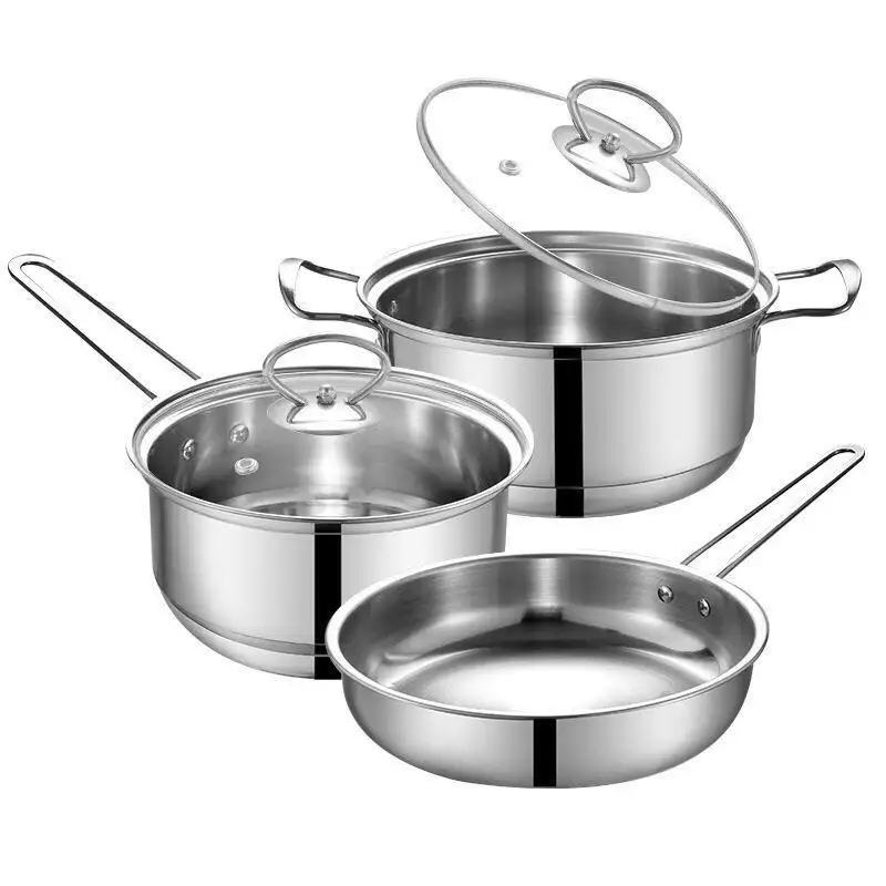 Set panci masak Stainless Steel perak, panci masak Stainless Steel 3 buah dengan tutup kaca