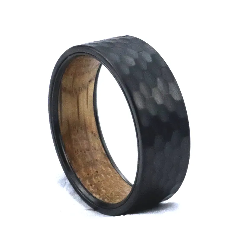 Poya 8mm Mens Tungsten Finger Band Hammered Black Ring with Whiskey Barrel Wood Liner Opp Bag CLASSIC Wedding Bands or Rings