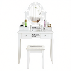Juego de tocador de maquillaje FCH, mesa de tocador de madera blanca con espejo y taburete con cajones de almacenamiento - Product Image 1