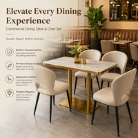 Ensemble de salle à manger de luxe en pierre frittée pour hôtel et restaurant - Base en métal doré, chaises ergonomiques, qualité commerciale