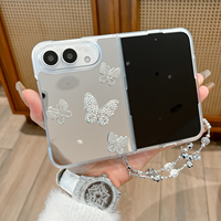 Étui de luxe 3D papillon en strass avec miroir pour iPhone Duo Fold 18, chaîne de poignet en cristal, maquillage, antichoc, personnalisé