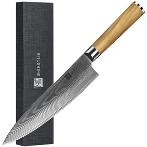 Yangjiang निर्माता जलपाई की लकड़ी संभाल दमिश्क रसोई के चाकू vg10 महाराज चाकू