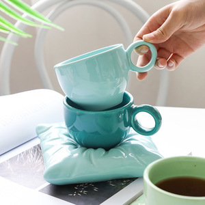 Creative <b>Ceramic</b> Coffee Cup with Pillow Design Saucer Macaron Color Nordic <b>Ceramic</b> <b>Mug</b> - Product Image 5