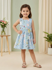 Vestido de Niña con Estampado Floral y Doodle Azul y Multicolor, Estilo Casual sin Mangas para Niñas, con Tela Suave - Product Image 2