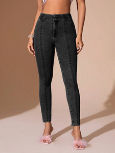 Jean slim vintage pour femme, coupe ajustée, extensible, bleu clair, style décontracté pour maman, toutes saisons - Product Image 2