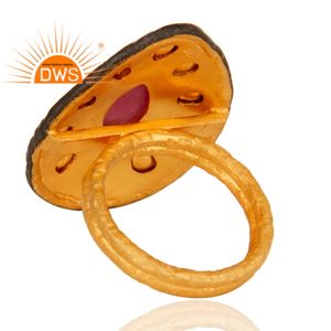 Anillo de Plata de Ley 925 chapado en oro de 18K, anillo de cóctel de piedras preciosas de cuarzo de rubí y cristal, fabricación de joyería fina - Product Image 3