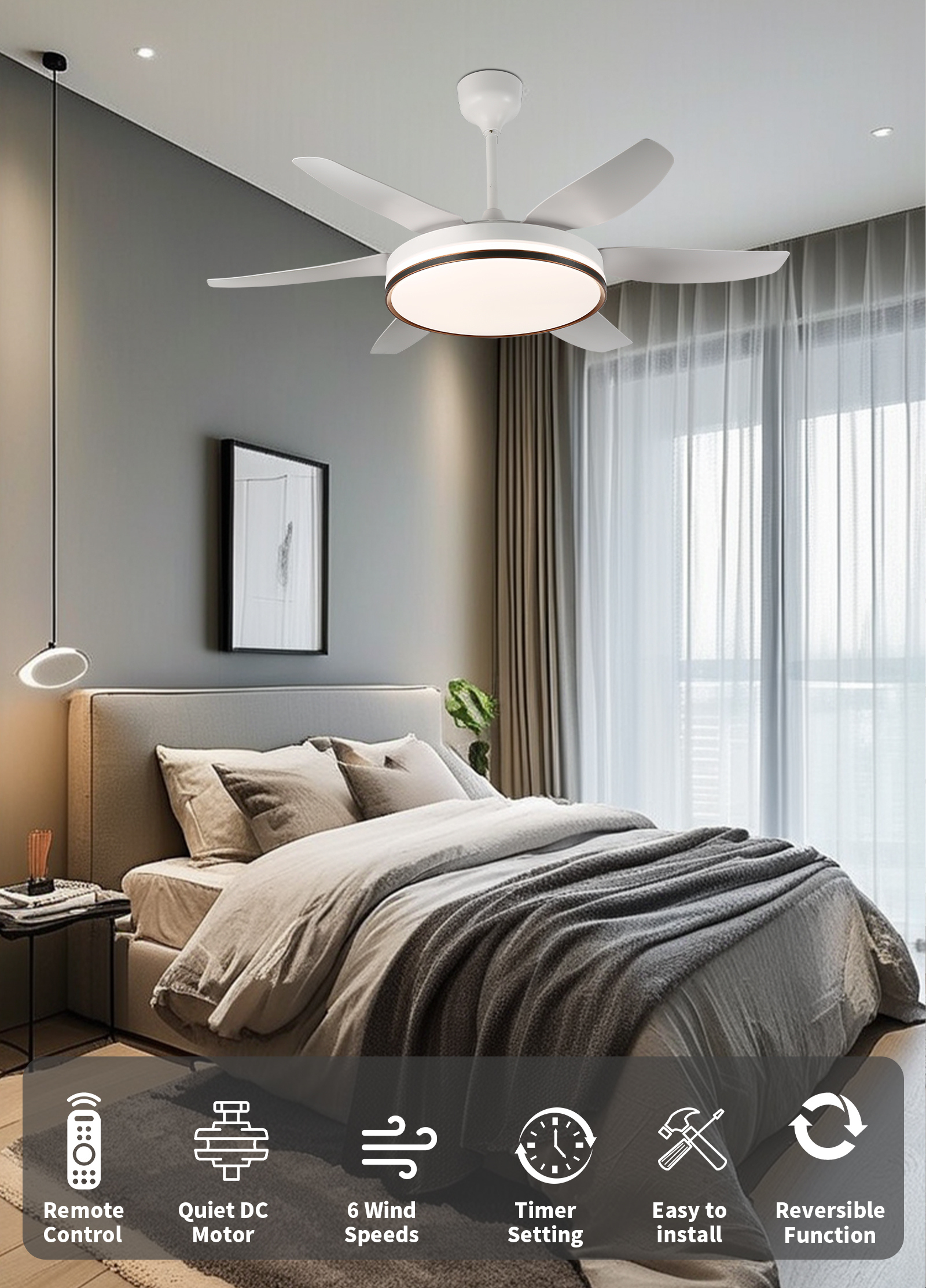 Contemporary 48 Inch Electric Chandelier Ceiling Fan Remote Control 6-Speed BLDC Motor Class Energy Efficiency for Home Dining