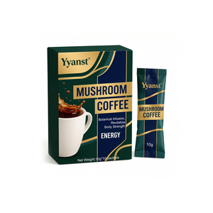กาแฟวิตามินสกัดจากเห็ดสูตรอ่อนโยนจากธรรมชาติ บรรจุภัณฑ์แบบซอง 10 กรัม*10 ซอง กล่องพิมพ์ลายทองคำสีเขียวเข้ม รับผลิตแบบ OEM ปริมาณมาก พร้อมติดฉลากสินค้าของลูกค้า - Product Image 1