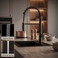 Robinet de cuisine flexible en acier inoxydable 304 noir avec jet cascade laminar, mitigeur eau chaude et froide