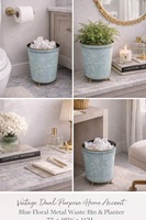 Poubelle en métal bleu à imprimé floral, idéale pour la salle de bain, la chambre, le bureau, le comptoir de cuisine et la table d'hôtel ou de restaurant