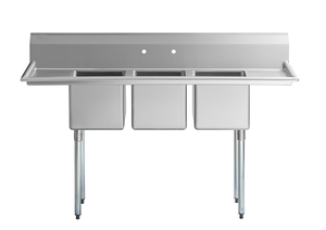Compartiment commercial en acier inoxydable SS304 avec 3 éviers, pieds et dosseret galvanisés pour la préparation et le lavage de la vaisselle dans les cuisines de restaurant - Product Image 4