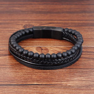 Pulsera de Cuero con Cuentas de Piedra Volcánica Natural, Pulsera de Cuero Trenzada de Varias Capas, L19129 - Product Image 4