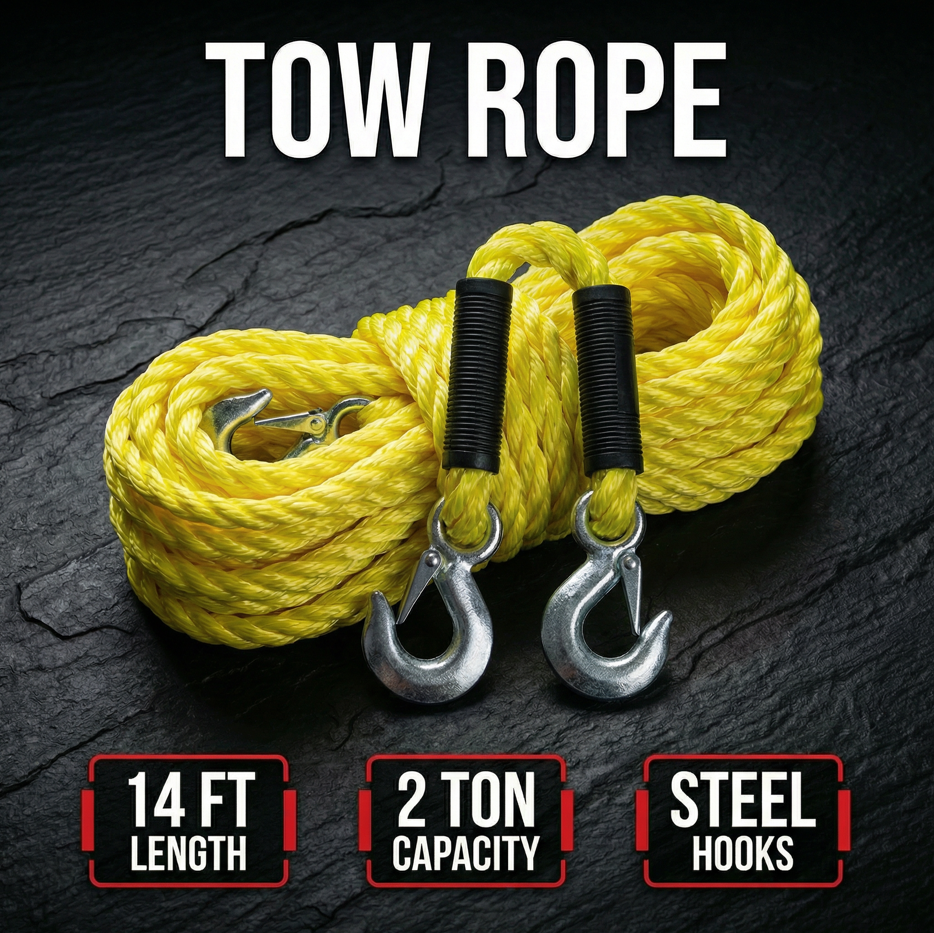 Tow Rope 14FT 2-Ton Braided Steel Hooks