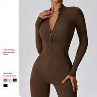 Combinaison de yoga une pièce pour femme avec fermeture éclair frontale, justaucorps moulant pour la gym, tenue de sport à manches longues