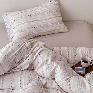 Duoxianman Pure Cotton Four-Piece Bedding Set Striped Heart Pattern 1.5m 1.8m Twin <b>Queen</b> Size - Product Image 1