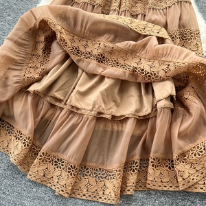 Robes longues à la mode pour femmes, à col à revers, manches courtes, taille haute, patchwork, avec lacets - Product Image 6