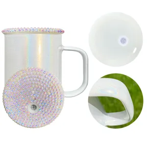 Wholesale Price Glitter Sublimation 17oz Glass Beer Can With Handle and Straw Shimmer Coffee Mug With Bling Lid For UV DTF Wraps