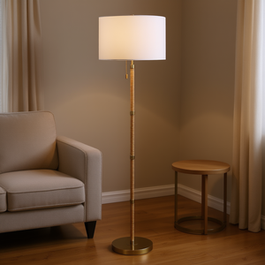 Lámpara de Pie Moderna con Tubo de Ratán de Madera y Base de Latón Dorado, Pantalla de Lino Blanco, Fuente de Luz LED, Regulable, Bombilla E26, 2700K - Product Image 2