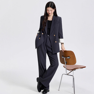 Women's Burgundy Double-Breasted Blazer With White Cuff Contrast Peak Lapel Casual Suit Jacket - Product Image 2