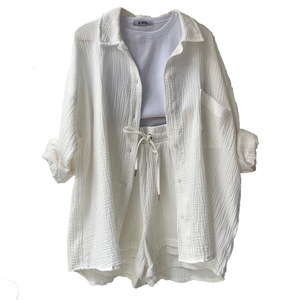 <strong>Women's</strong> Summer Cotton Beach Outfit Set <strong>Short</strong> Sleeve Muslin Blouse and <strong>Shorts</strong> Solid Pattern Casual Style Above <strong>Knee</strong> <strong>Length</strong> - Product Image 6