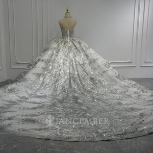 XS296 Modern Sparkly Sweetheart Sequined Beaded Chapel Train Long Lace Flowers <b>Crystal</b> Wedding Dress - Product Image 3