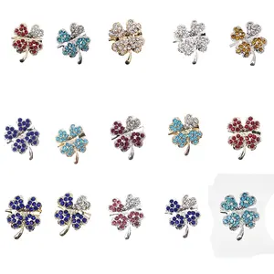 Small lucky four-leaf clover light gold silver plated colorful rhinestone brooch for ladies and gentleman pins brooch