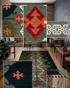 Alfombra Kilim de Yute y Lana Hecha a Mano |   Alfombra Tribal Geométrica Boho para Sala de Estar, Dormitorio, Decoración Rústica para el Hogar - Product Image 2