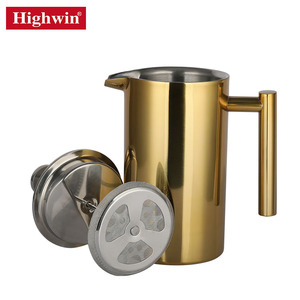 Cafetière à piston double paroi de qualité alimentaire HIGHWIN en acier inoxydable doré avec poignée ergonomique - Product Image 4