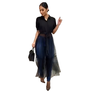 Nouveau Sexy noir Blouse femmes manches chemises été mode demi manches dentelle maille longue volants Blouse hauts - Product Image 2