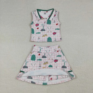 Tenue active 2 pièces à imprimé golf pour petites filles, ensemble haut sans manches et jupe à carreaux roses, vêtements décontractés d'été pour enfants - Product Image 2